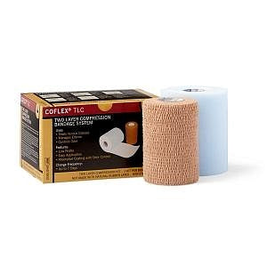Two Layer Stretch Kit Compression System, Standard, Patients with ABI = 0.8, 4" x 4.4 yds Absorbent Foam Dressing (Layer 1), 4" x 8 yds Top Compression (Layer 2), Tan, 2 rls (1 of each layer)/bx, 8 bx/cs