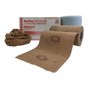 Two Layer Stretch Kit Compression System, Lite, Patients with ABI = 0.5, 4" x 4.4 yds Absorbent Foam Dressing (Layer 1), 4" x 8 yds Top Compression (Layer 2), Tan, 2 rls (1 of each layer)/bx, 8 bx/cs