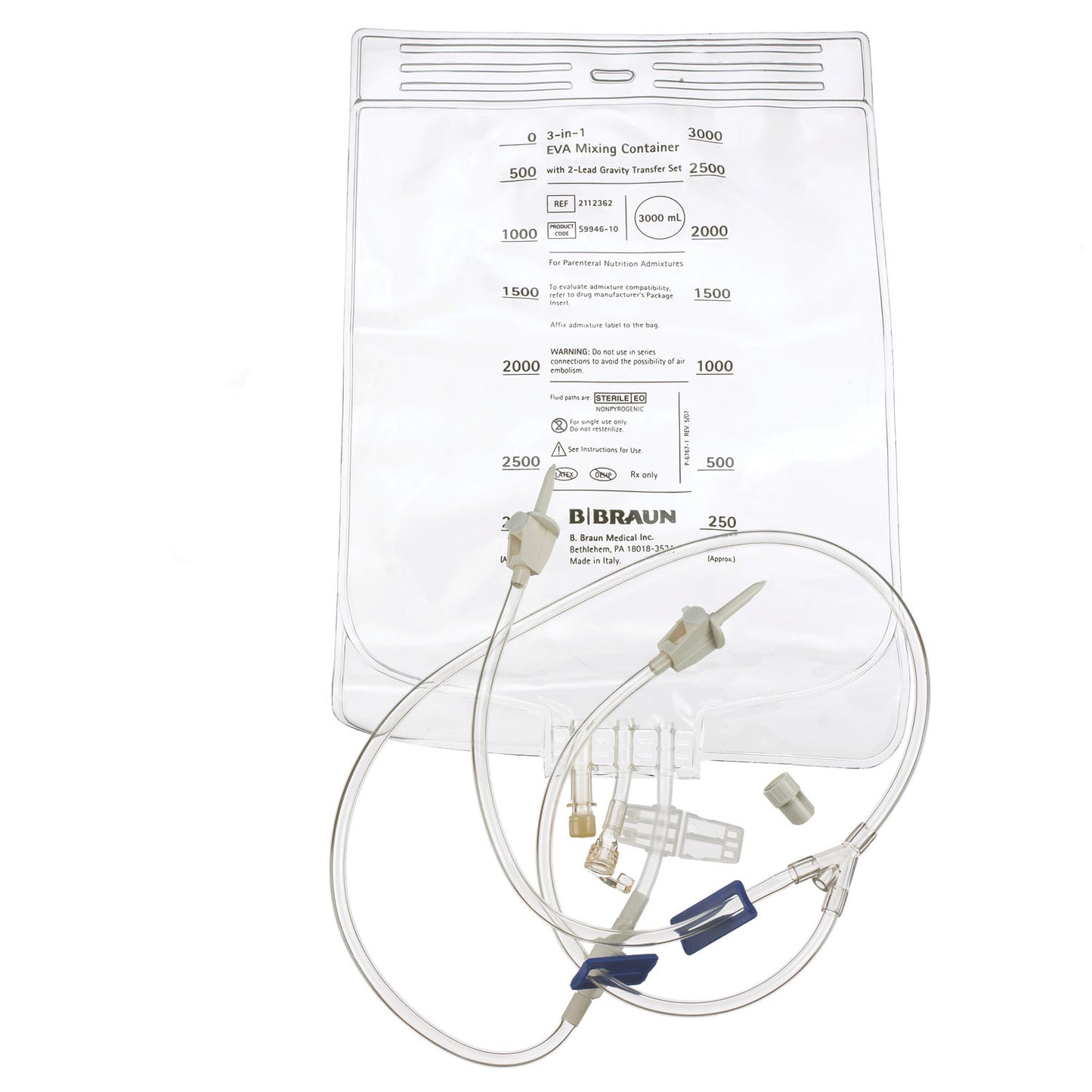 TPN Bag, 2-Lead Vented Transfer Set, Large Bore Tubing & Plastic Sealing Clip, 3000mL, 40/cs (Rx) (Continental US+HI Only) <Strong style="color:red">Max weekly quantity allowed: 10</Strong>