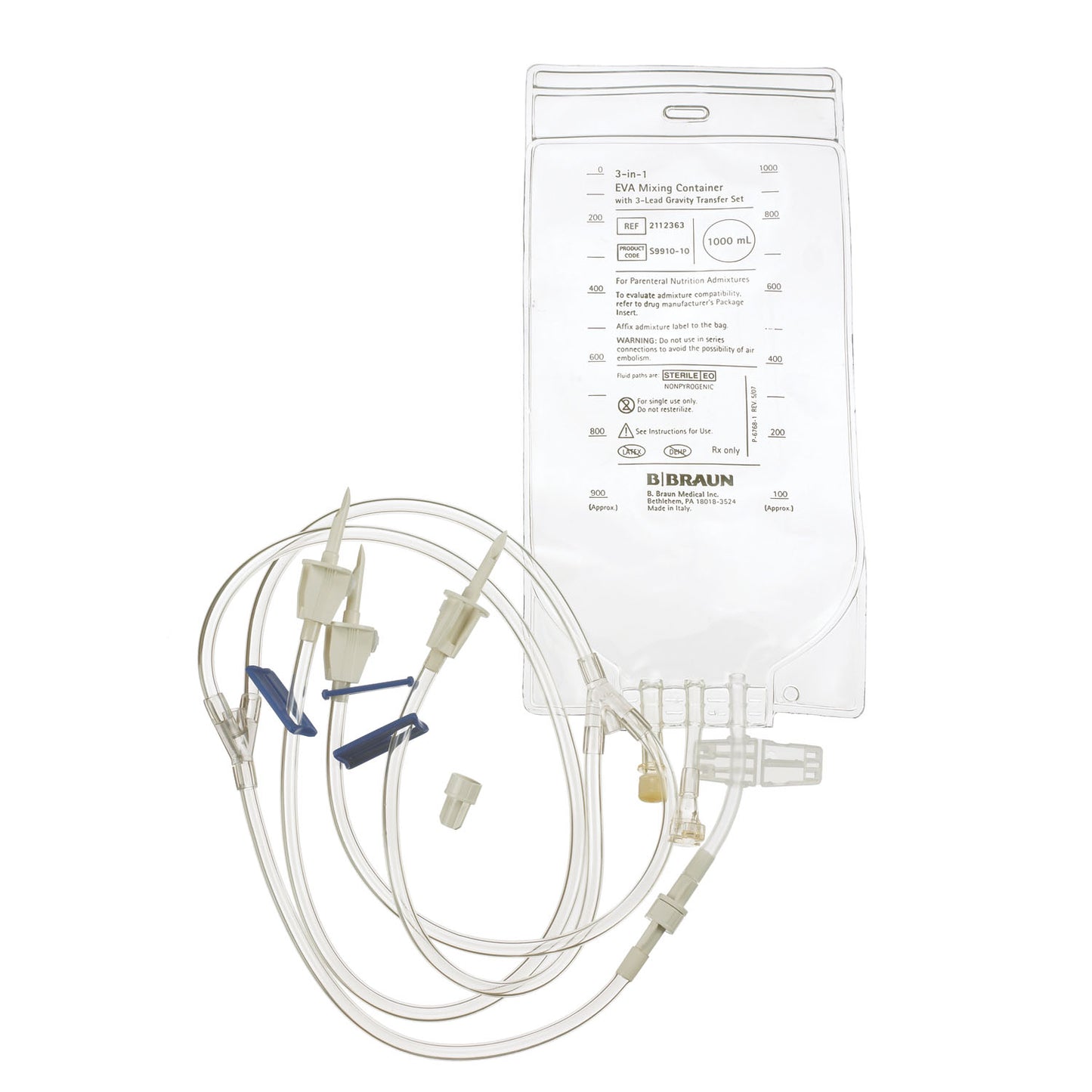 TPN Bag, 3-Lead Vented Transfer Set, Large Bore Tubing & Plastic Sealing Clip, 1000mL, 40/cs (Rx) (Continental US+HI Only) <Strong style="color:red">Max weekly quantity allowed: 10</Strong>