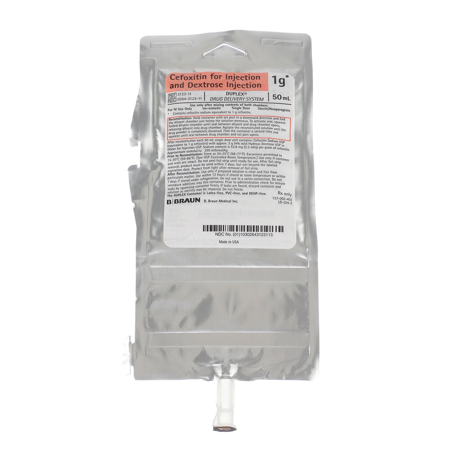 1g Cefoxitin For Injection & Dextrose Injection, 50mL (Rx) (Item is Non-Returnable), 24/cs (Continental US+HI Only, Excluding IN and ND)
