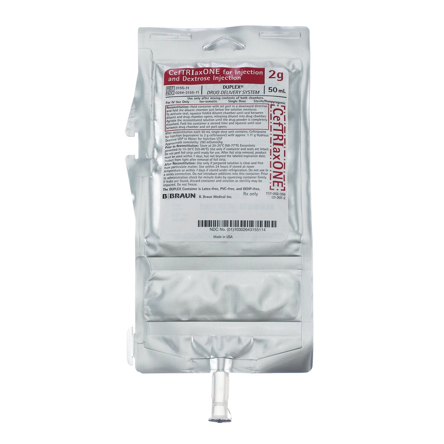 2g CefTRIaxONE For Injection & Dextrose Injection, 50mL (Rx) (Item is Non-Returnable), 24/cs (Continental US+HI Only, Excluding IN and ND)