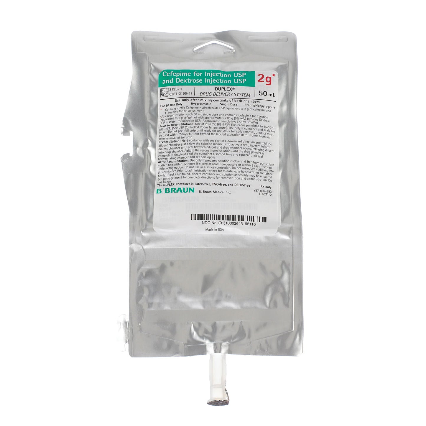 2g Cefepime For Injection USP & Dextrose Injection, 50mL (Rx) (Item is Non-Returnable), 24/c (Continental US+HI Only, Excluding IN and ND)