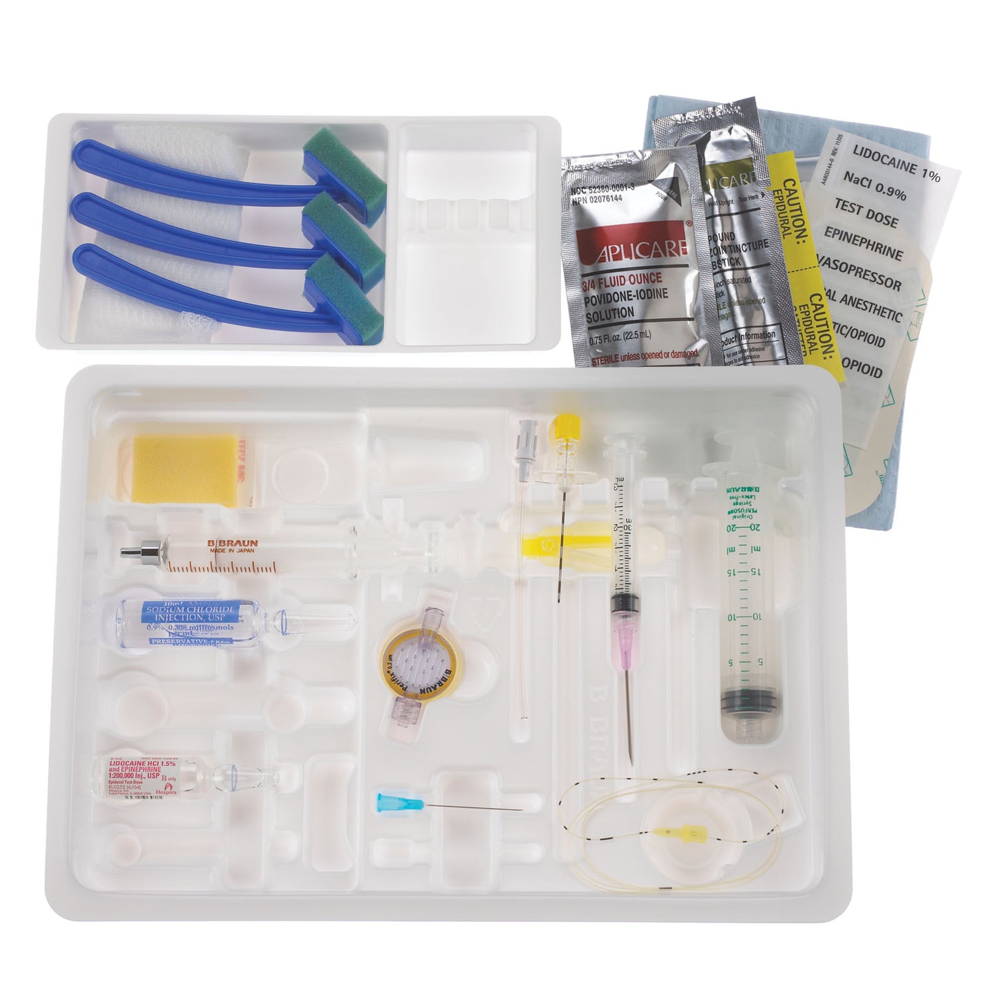 PERIFIX ONE Pediatric Epidural Tray, 20G x 2" Tuohy Needle Winged, 25G x 1_" Skin Wheal/ Infiltration Needle, 3mL Luer Lock Syringe, Pre-Attached 18G x 1_" Needle, 5mL Glass LOR Luer Slip Metal Tip Syringe, 20ml Plastic Luer Lock Syringe, 24G Closed Tip Epidural Catheter with Six Lateral Sideports, Lidocaine HCI (1.5%) with Epi, 5ml (test dose), 10ml Sodium Chloride (0.9%) LOR Diluent, 10cs (Rx) (Continental US+HI Only)