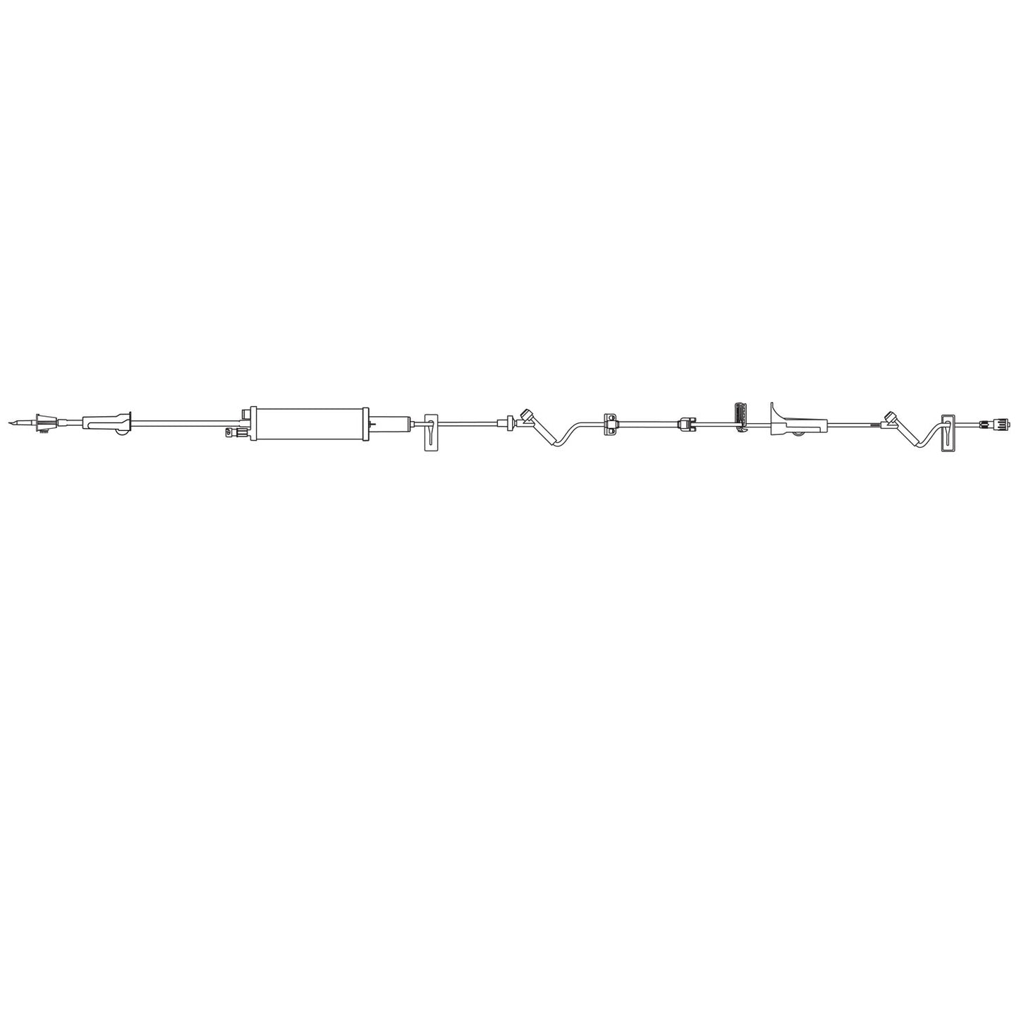 Burette Set, No Automatic Shutoff, Non-Vented Spike, Roller Clamp, 150mL Burette, 15 Micron Air Guard Filter & SAFELINE Injection Site, Slide Clamp, Pressure Limited Check Valve, Flow Restrictor, Two SAFELINE Injection Sites, Free Flow Protection Clamp, Roller Clamp, Slide Clamp, SPIN LOCK Connector, 60 Drops/mL, DEHP & Latex Free (LF), 19mL Priming Volume, 120"L, 20/cs (Rx) (Continental US+HI Only)
