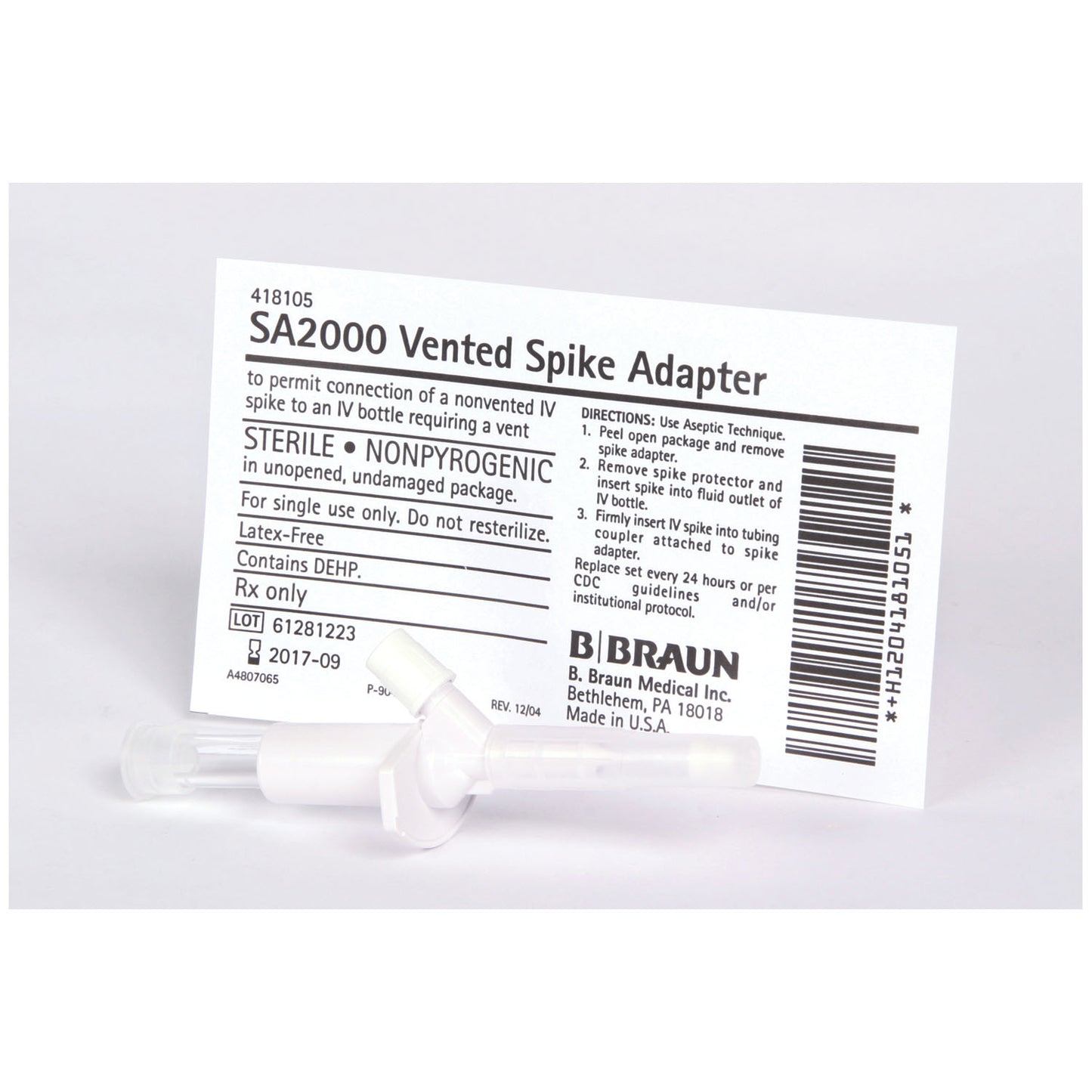 Vented Spike Adapter to Permit Connection of Non-Vented IV Spike to IV Bottle Requiring a Vent, Latex Free (LF), 50/cs (Rx) (Item is Non-Returnable) (Continental US+HI Only, Excluding IN and ND)