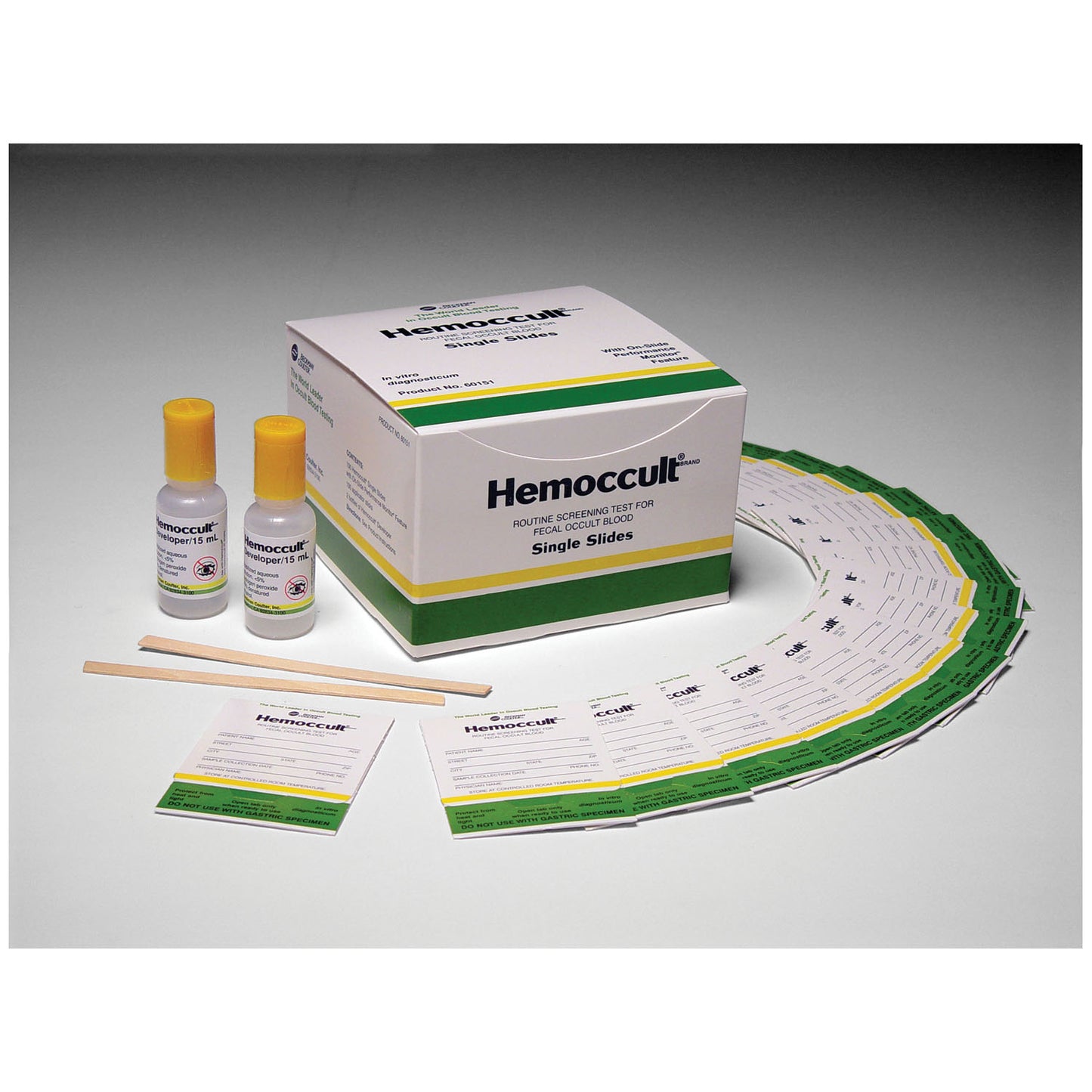 Each Box Contains: (100) Hemoccult Single Slides (Test Cards), (2) 15mL Bottles of Developer, (100) Applicators & Instructions, 10 bx/cs (Minimum Expiry Lead is 90 days) (Item is Non-Returnable) (US & Canada Only) (Item is considered HAZMAT and cannot ship via Air or to AK, GU, HI, MP, PR, VI)