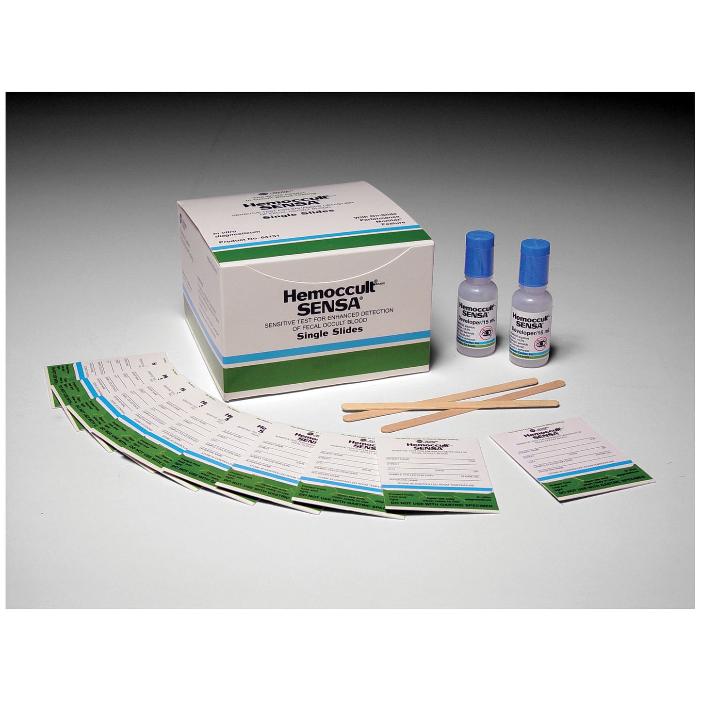 Each Box Contains: (100) Hemoccult SENSA Single Slides (Test Cards), (2) 15mL Bottles of Developer, (100) Applicators & Instructions (Minimum Expiry Lead is 90 days) (US & Canada Only) (Item is Non-Returnable) (Item is considered HAZMAT and cannot ship via Air or to AK, GU, HI, MP, PR, VI)