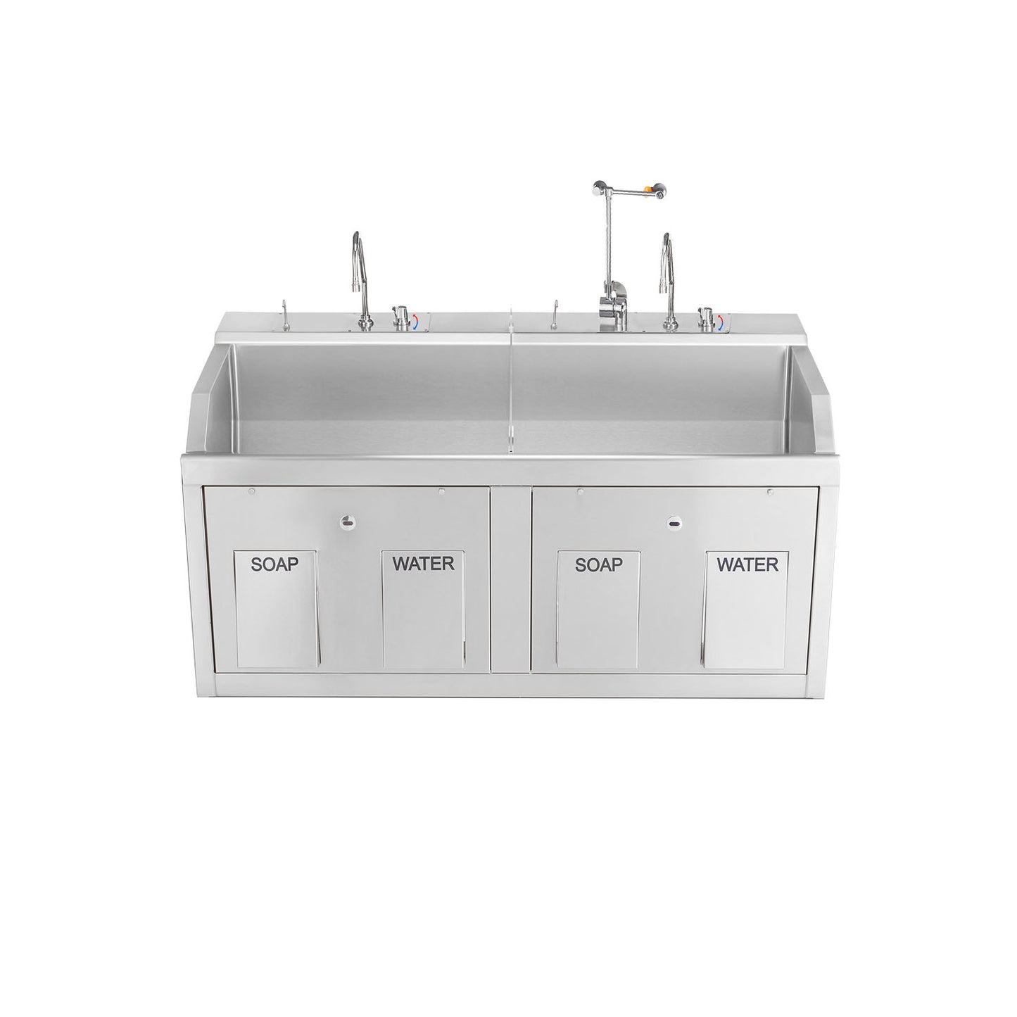 Lodi Scrub Sink, (2) Place, Wall Mounted, Knee Action Control, Soap Dispenser, Infrared Water Control, Eyewash, Digital Timer (DROP SHIP ONLY)