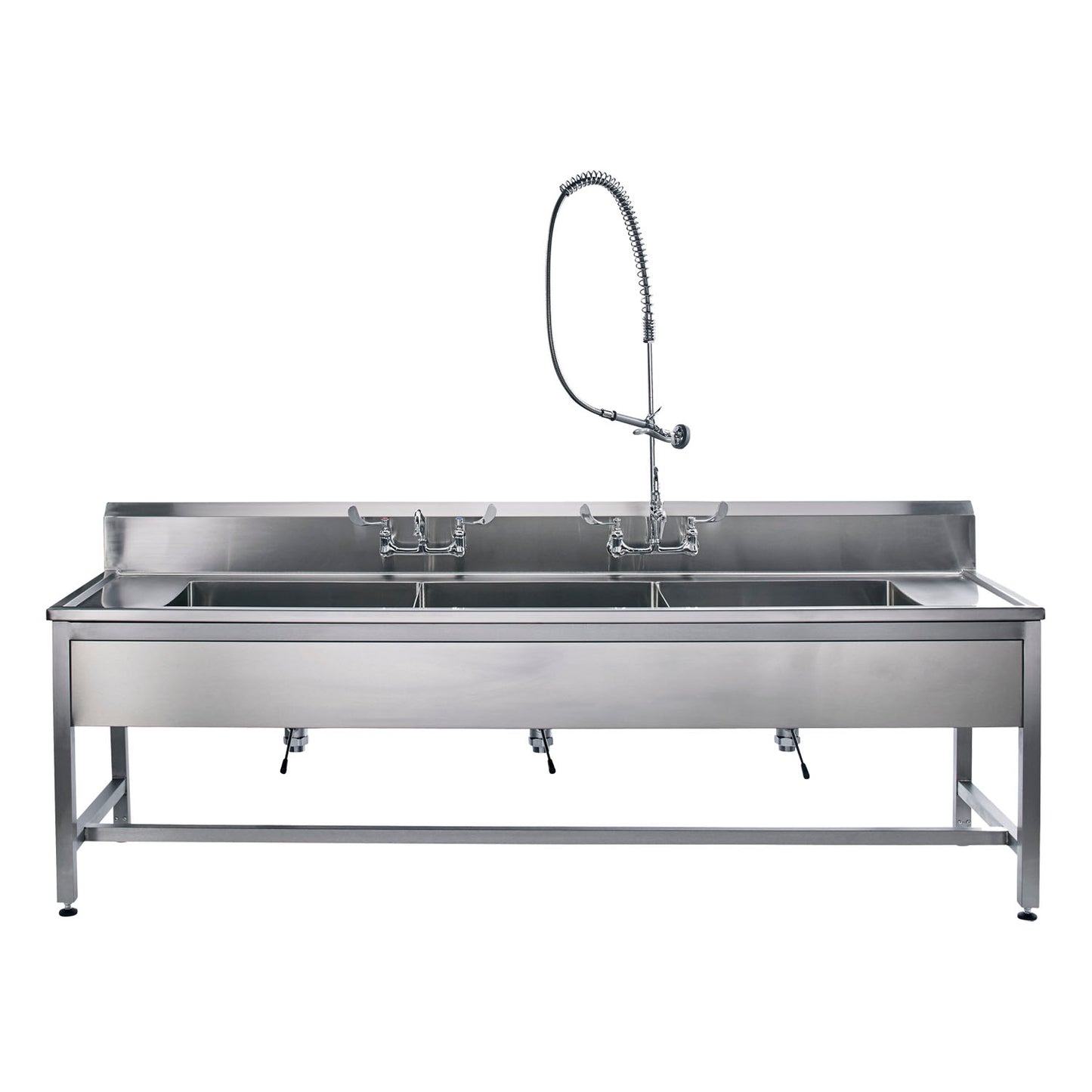 Decontamination Station 116"W x 26 1/2"D, (8") Backsplash, (3) 25"W x 18"H x 10"D Bowls, Stainless Steel SQ Tube Base, Adjustable Flanged Fet w/Marine Edge, Bowls Etched w/Gallon & Liter Measures (DROP SHIP ONLY)