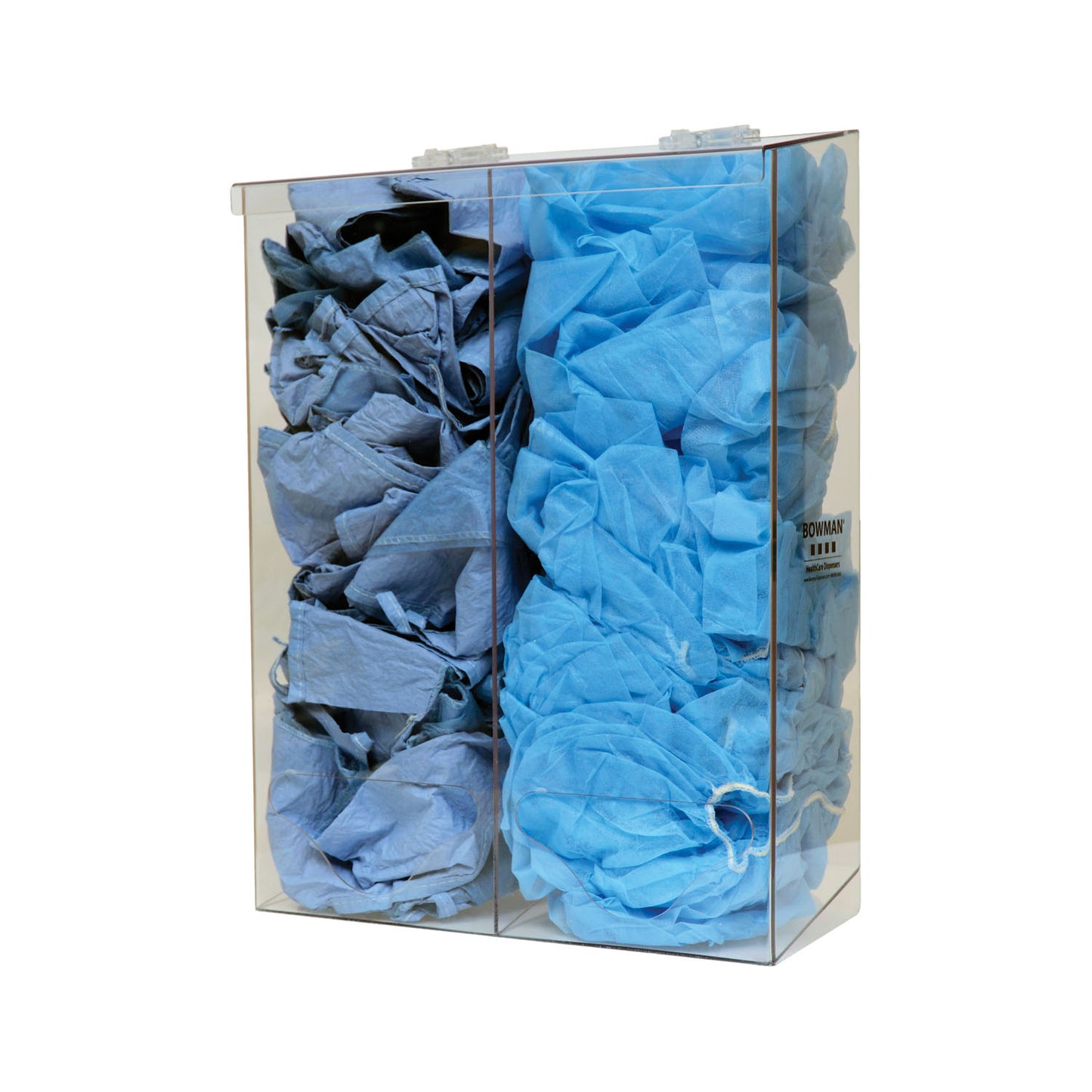 Bulk Dispenser, Tall Double Bin, Holds a Variety of Protective Apparel in Bulk, Dual Compartments with Hinged Lid, Openings at Front Bottom, Keyholes For Wall Mounting, Clear PETG Plastic, 12_"W x 17"H x 5_D