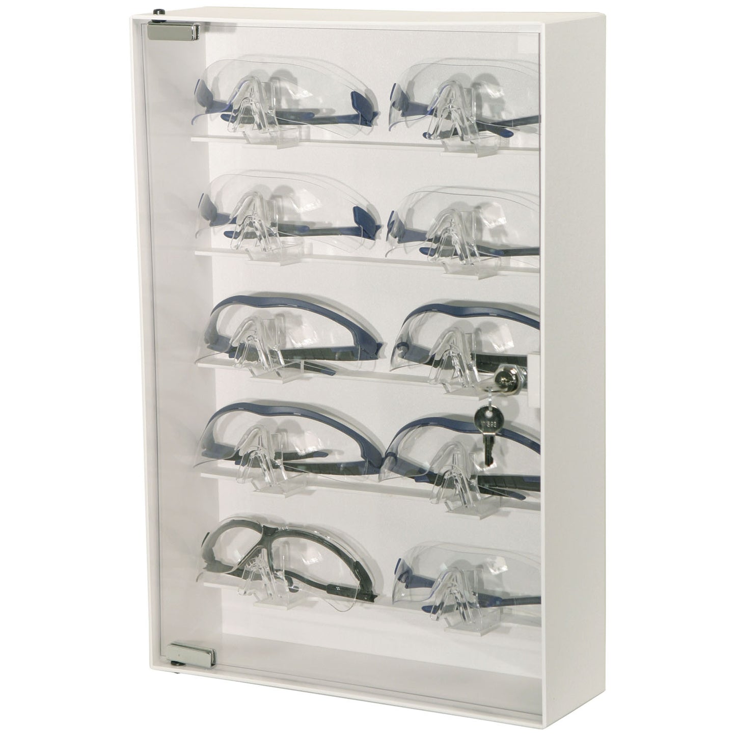Eyewear Cabinet, Locking, Holds up to 10 pr of Safety Glasses on Nose Holders, Keyholes For Wall Mounting, White ABS Plastic & Clear PETG Plastic, 13_"W x 20"H x 4 1/8"D (Made in USA)