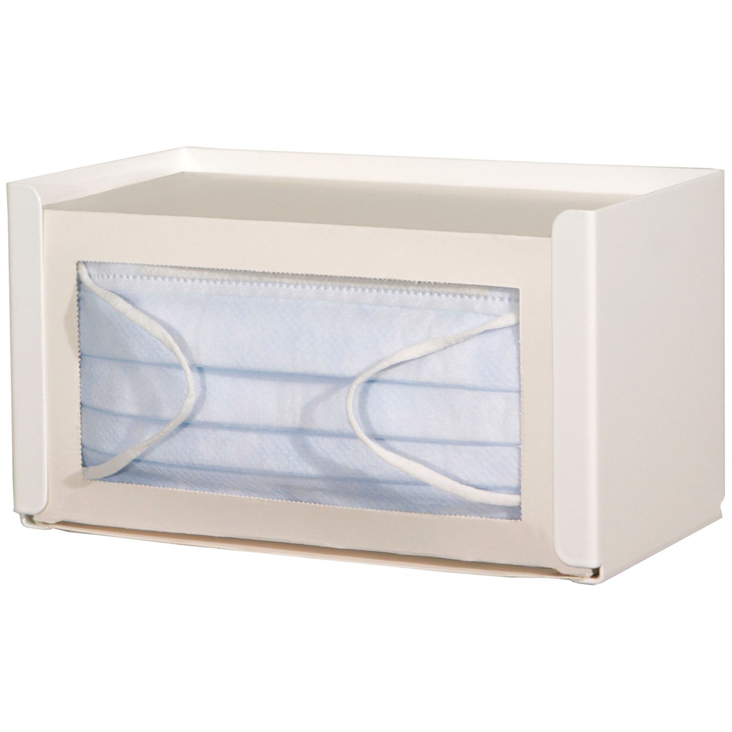 Face Mask Dispenser, Earloop Style, Holds One Box of Earloop Style Face Masks, Keyholes For Wall Mounting, White Powder Coated Steel, 7 9/16"W x 4_"H x 4 1/8"D (Made in USA)