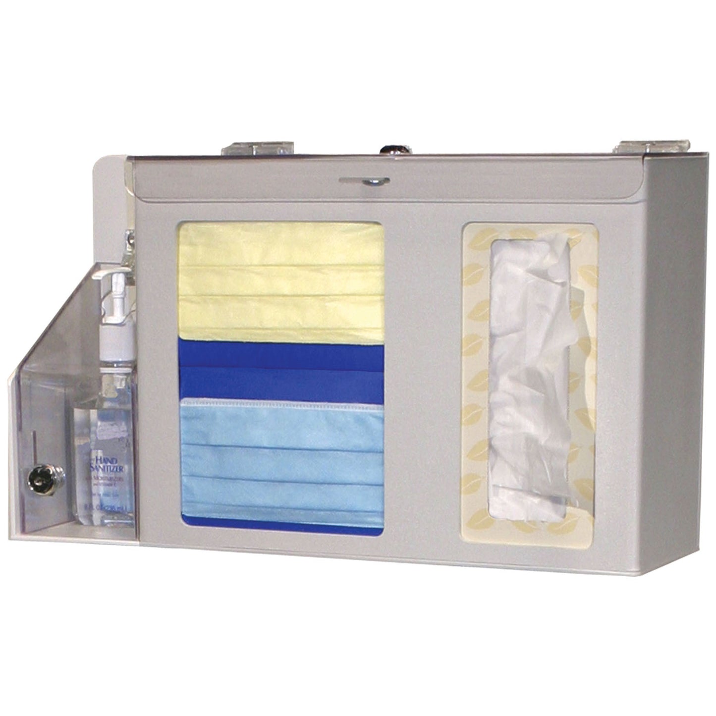 Respiratory Hygiene Station, Locking, Holds Two Boxes of Face Masks, (1-2) Boxes of Facial Tissues & (1) Hand Sanitizer Bottle, Hinged Locking Lid (over Face Masks & Tissues), Locking Flexible Lid (for Hand Sanitizer), Optional Sign Holders MP-070 or MP-075 (sold separately), Optional Floor Stand KS010-0412 or KS201-0029 (sold separately), Keyholes For Wall Mounting, Sits on Counter or Mounts to Floor Stand, Quartz ABS Plastic & Clear PETG Plastic, 17_"W x 10"H x 5"D (Made in USA)