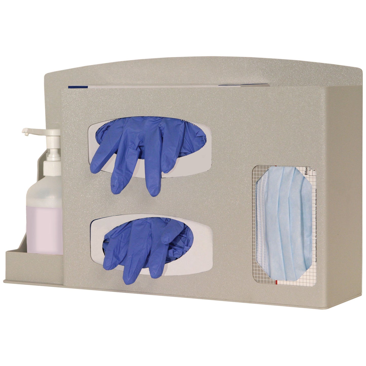 Infection Prevention Organizer, Holds Two Boxes of Gloves, One Box of Face Masks, (1) Hand Sanitizer Bottle, Optional Floor Stand KS010-0412 or KS201-0029 (sold separately), Keyholes For Wall Mounting, Sits on Counter or Mounts to Floor Stand, Quartz ABS Plastic, 18_"W x 11 5/8"H x 4_"D (Made in USA)