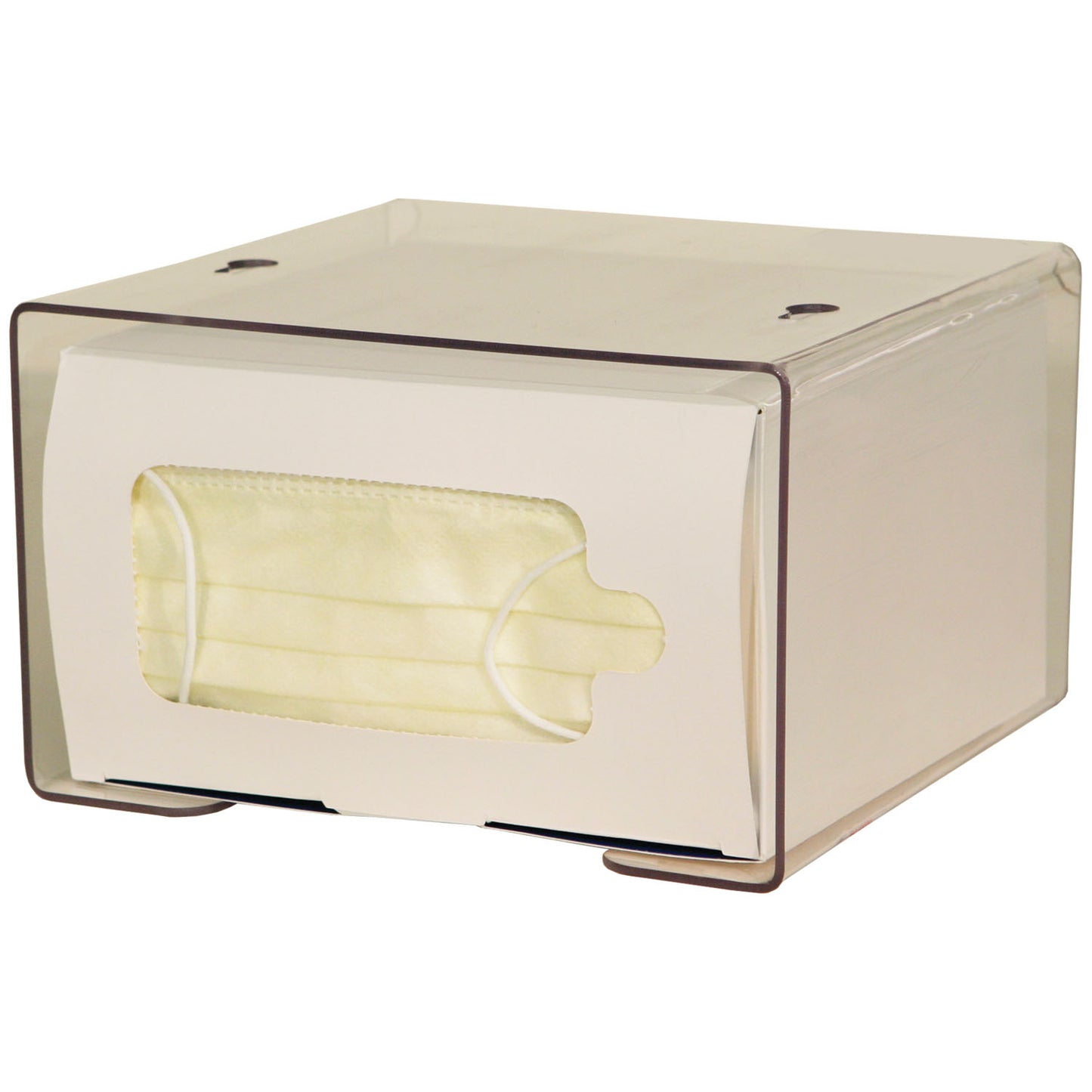 Face Mask Dispenser, Earloop Style, Holds One Box of Earloop Style Face Masks, Two Sets Keyholes For Dual Position Wall Mounting, Clear PETG Plastic, 8 1/8"W x 7_"H x 4 15/16"D (Made in USA)