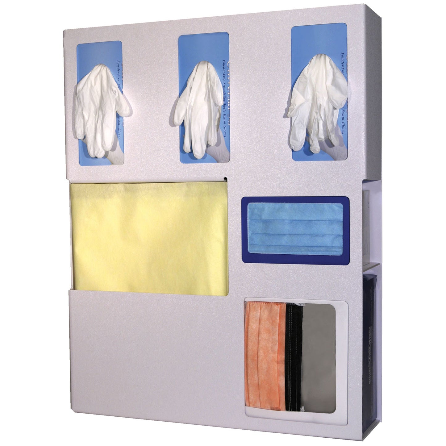 Protection Organizer, Holds Flat Pack or Launderable Gowns, Three Boxes of Gloves, One Box of Face Masks & One Box of Face Shields, Keyholes For Wall Mounting, Door Hanger Cut-Out, Quartz ABS Plastic, 20 1/16"W x 25_"H x 4_"D (Made in USA)