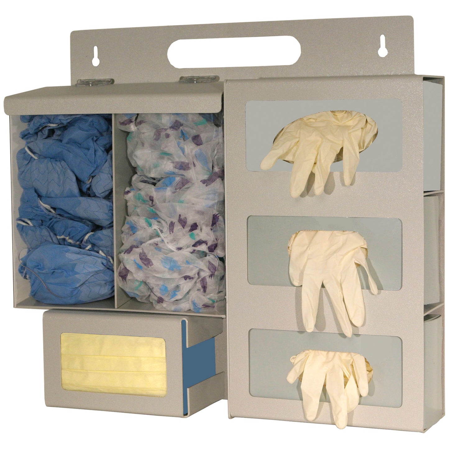 Protection Organizer, Holds Bulk Quantity Protective Apparel in Two Separate Compartments, Three Boxes of Gloves & (1) Box of Face Masks, Hinged Lid (Over Bulk Compartments), Keyholes For Wall Mounting, Door Hanger Cut-Out, Quartz ABS Plastic & Clear PETG Plastic, 22 1/8"W x 19 11/16"H x 4 7/8"D (Made in USA)