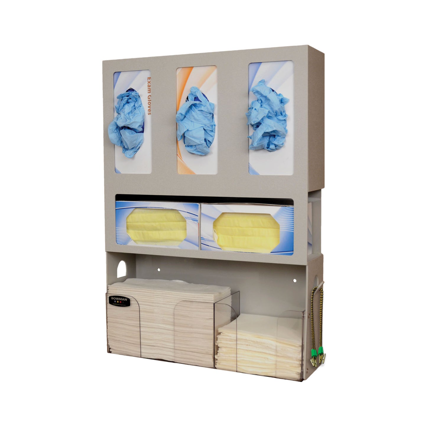 Dental Organizer, Holds Three Boxes of Gloves, Two Boxes of Face Masks, Quarter Fold Towels & Patient Bibs, Tabs on Both Sides of Unit to Hang Patient Bib Clips, Keyholes For Wall Mounting, Quartz ABS & Clear PETG Plastic, 17 5/8"W x 23_"H x 5 1/16"D