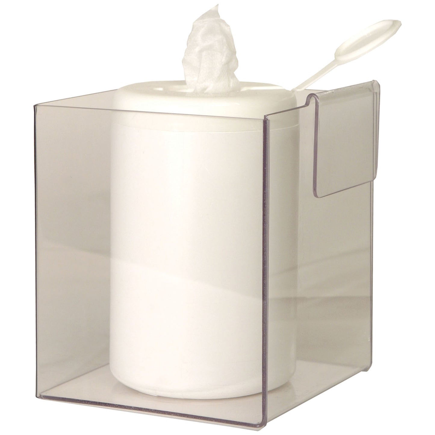 Caddy Dispenser, Clip-On, Holds A Variety of Medical Supplies Including Wet Wipes Canisters Clips to Side of Protection Organizers Greater Than 4" Deep. Clear PETG Plastic, 6 3/16"W x 7 5/16"H x 6 5/8"D