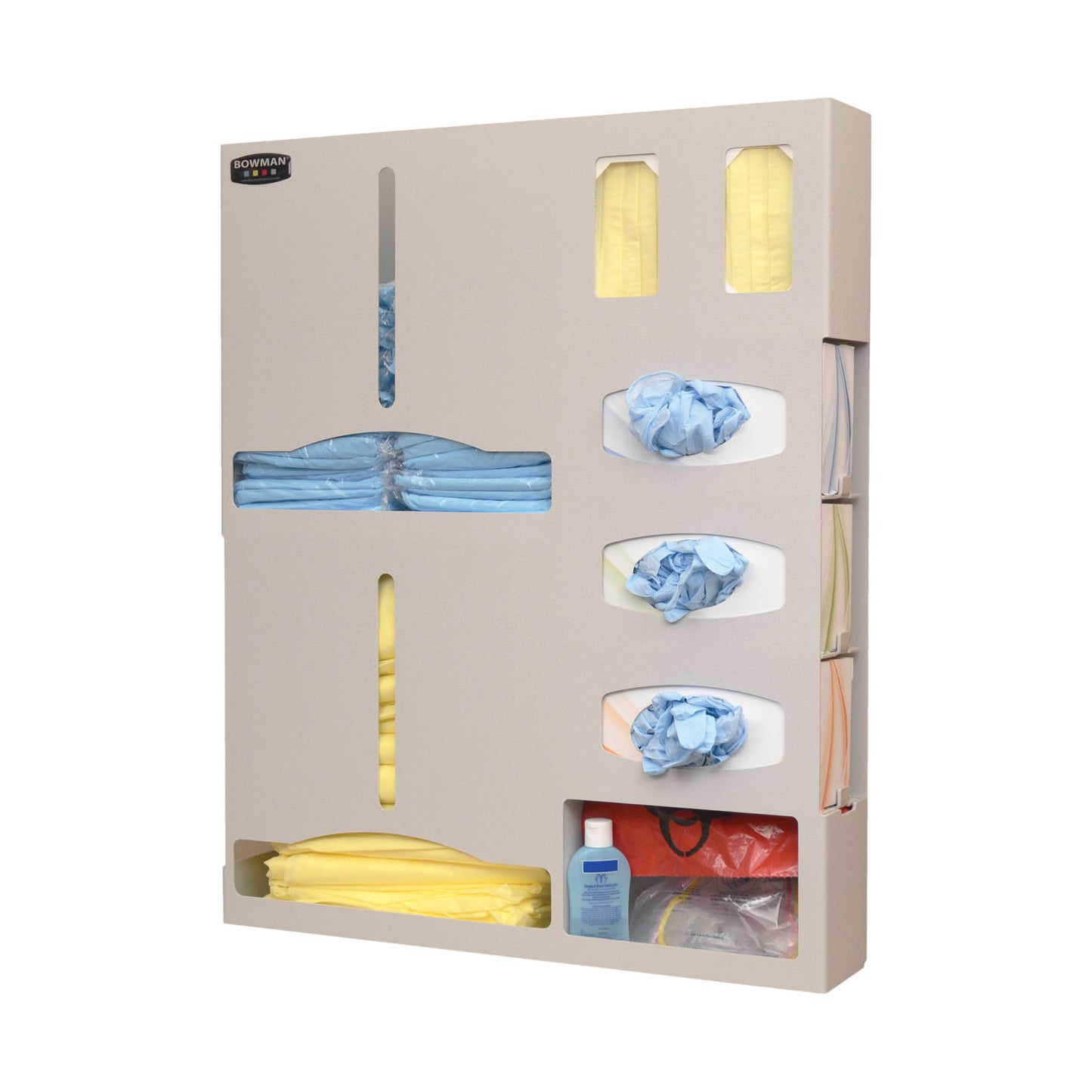 Protection Organizer, Holds a Variety of Gowns in Two Compartments, Two Boxes of Earloop Masks & Storage Shelf to Hold a Variety of Medical Supplies, Keyholes For Wall Mounting, Door Hanger Cut-Out, Quartz ABS Plastic, 25 1/8W x 30_"H x 4_"D (Made in USA)