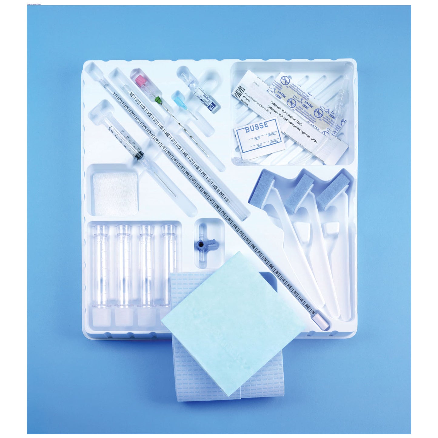 Adult Tray, Sterile, Includes: Spinal Needle With Stylet, 20G x 3_", 5" Extension Tube, 3-Way Stopcock, Two Piece 550mm Manometer, 22G x 1_" Infiltration Needle, 4-10mL Specimen Vials & 4 Patient ID Labels, 10/cs (US Only)