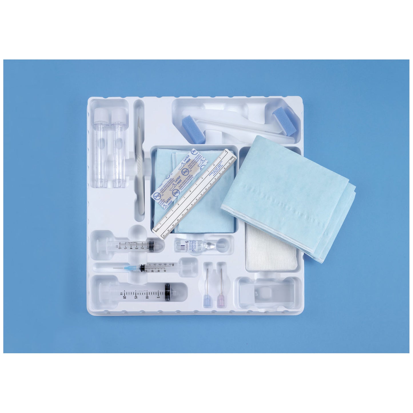 Basic Biopsy Tray, Sterile, Includes: 25G x 5/8" Needle, 3cc Syringe, 22G x 1_" & 20Gg x 1_' Needles, 6cc & 20cc Luer Lock Syringe, 5mL Lidocaine, Scalpel, 2-10mL Spec. Vials, 6 Microscope Slides, 6" Ruler, 2 Sponge Sticks, 4 Gauze Pads, 2 Towels, Drape, Bandage, 2 ID Labels & CSR Wrap, 10/cs