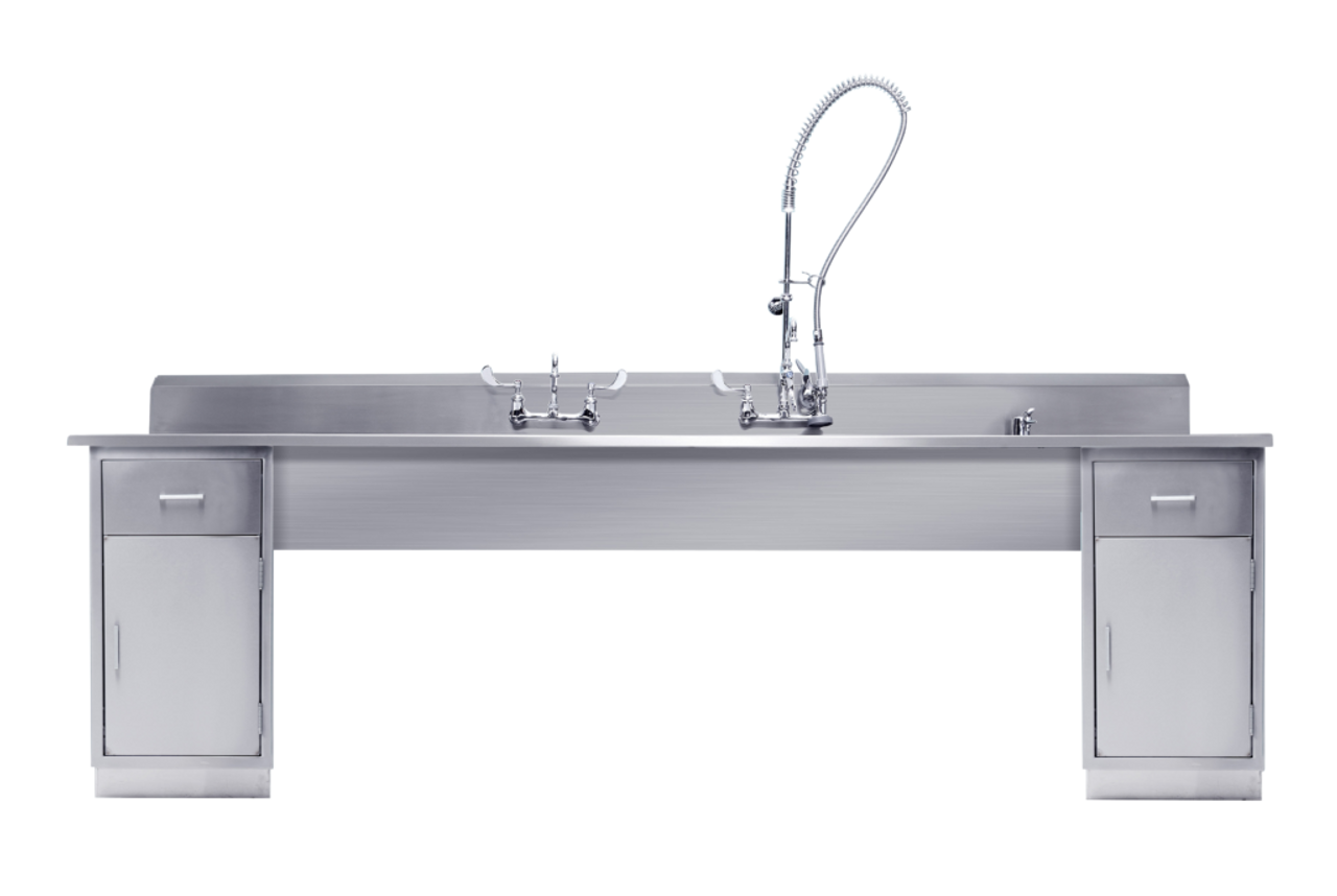 Decontamination Station 116"W x 30"D, (8") Backsplash, (3) 25"W x 18"H x 10"D Bowls, (1) Waste Lever Drain w/ Overflow, Marine Edge, Bowls Etched w/Gallon & Liter Measures (DROP SHIP ONLY)