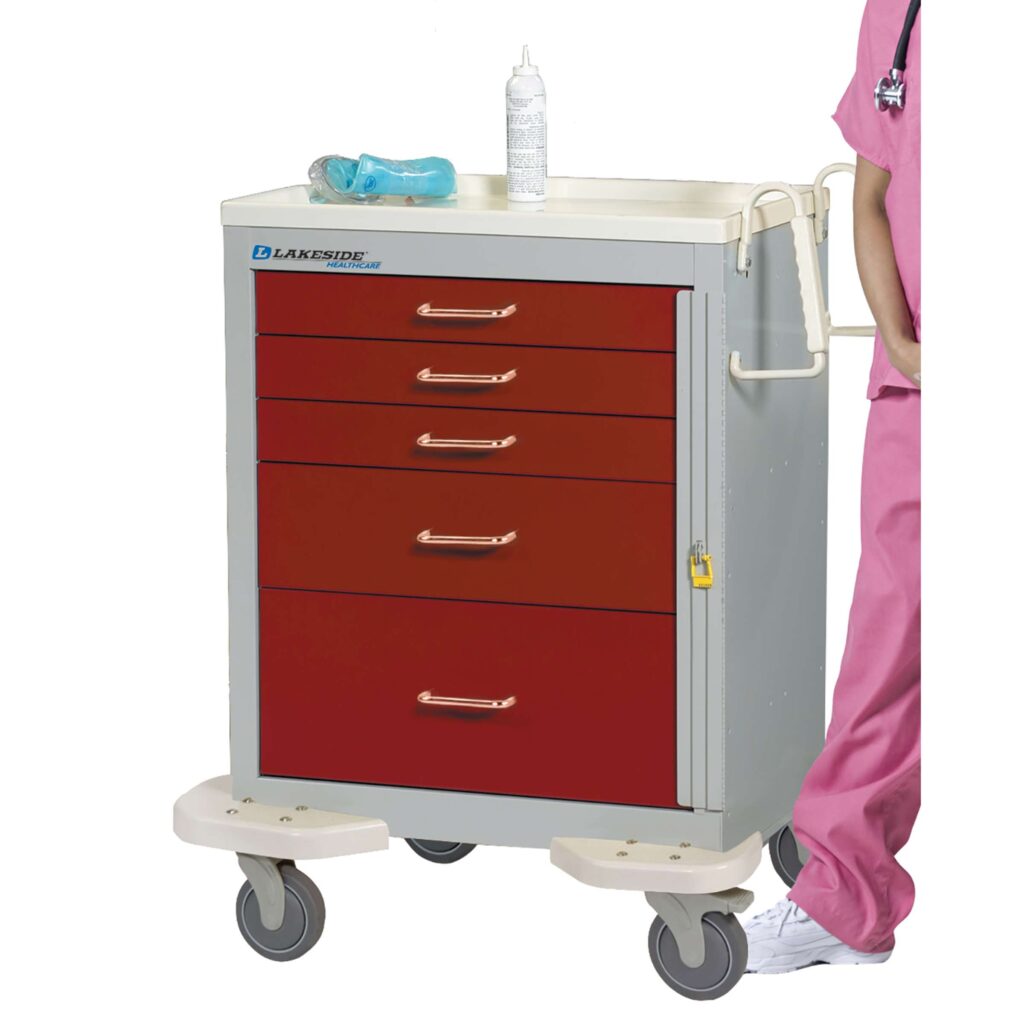Cart, 5 Drawer, Drawer Configuration: (3) 3", (1) 6", (1) 9", Key Lock, 39_"H x 25"D x 32"W, Solid Red (DROP SHIP ONLY)