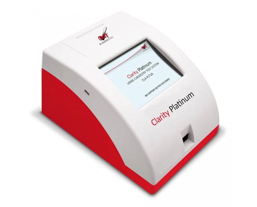 Clarity Platinum Urine Chemistry Test System, FDA Cleared, CLIA Waived, Includes: (16) CLA-10P Bottles (100strips/btl) (1) Clarity Platinum Urine Analyzer (1) Thermal Paper Roll, (1) Power Cord, (1) Bar Code Reader (1) User's Manual, (1) QSG, 1 Year Warranty (Rx) (Made in USA) (DROP SHIP ONLY)
