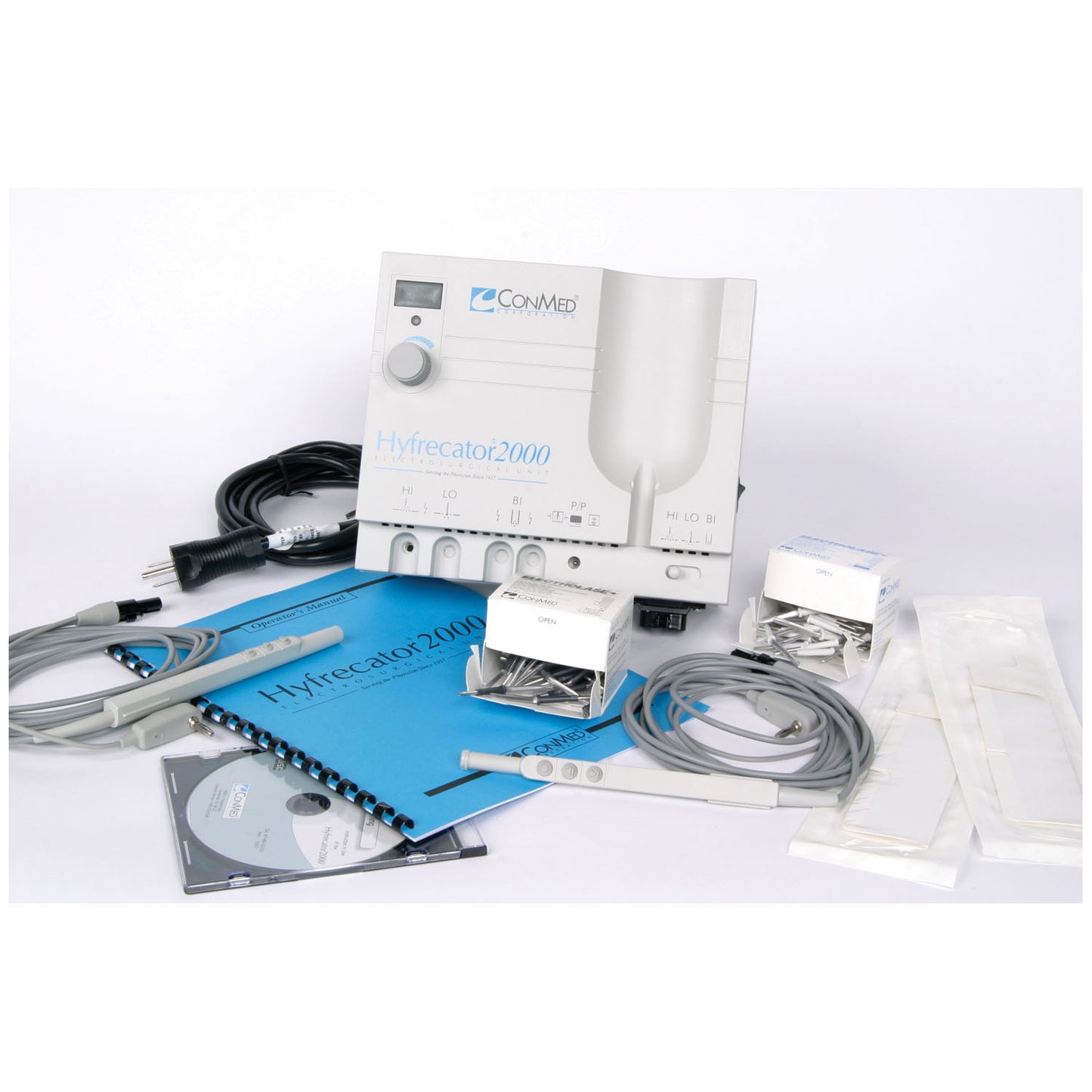 Hyfrecator 2000 (115V) Accessories included: Instruction Video, Operators Manual and Reusable Handswitching Pencil, Remote Up/ Down/ Power, Hand Control & 10 ft Cord