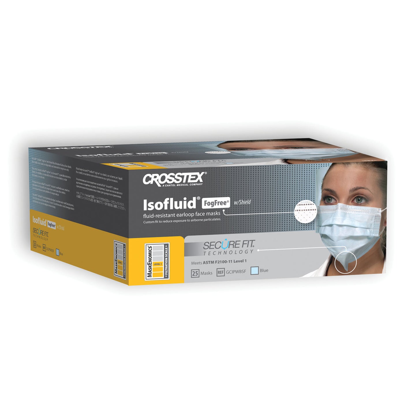 ASTM Level 1 Earloop Mask with Splash Shield, FogFree, Blue, 25/bx, 4 bx/ctn