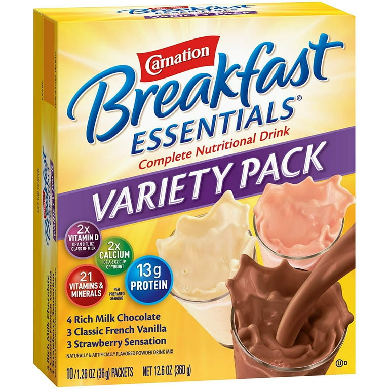 Carnation Breakfast Essential Powder, Variety (4 Rich Milk Chocolate, 3 Classic French Vanilla, 3 Strawberry Sensation), 1.26 oz, 6/pk, 10 pk/cs (Minimum Expiry Lead is 90 days; Non-Returnable) (Continental US Only) (Nestle products cannot be sold online without Nestle's prior written permission) (Products cannot be sold on Amazon.com or any other 3rd party site)