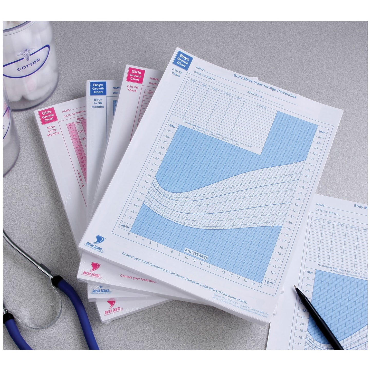 Growth Chart, Boys, 2 Years to 20 Years, 100 sht/pk, 10 pk/cs