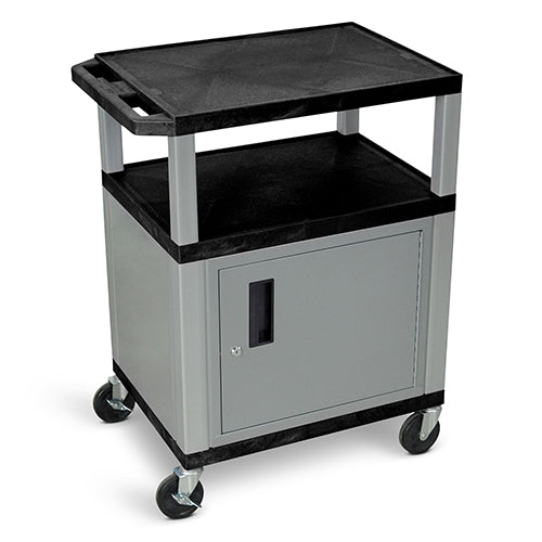 AV Cart, Three Plastic Shelves, Black, 24"W x 24"D x 36"H, Steel Cabinet, Nickel Legs, (4) 4" Silent-Roll Full-Swivel Ball Bearing Casters (2 with Locking Brake) (DROP SHIP ONLY)