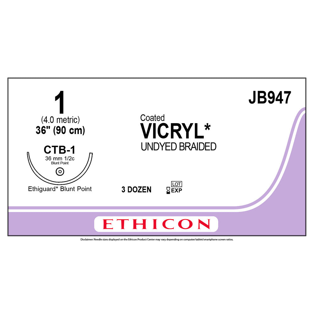 Suture, Ethiguard Blunt Point, Size 1, 36", Undyed Braided, Needle CTB-1, _ Circle, 3 dz/bx (Continental US Only)