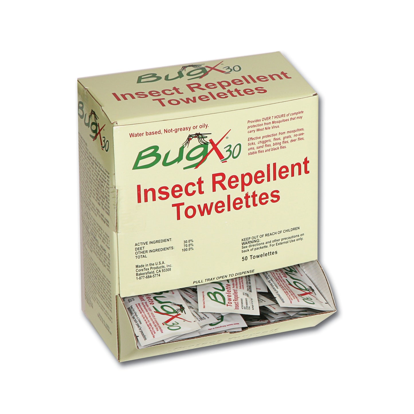 BugX30 Insect Repellent Wipes DEET, 50/bx (DROP SHIP ONLY - $150 Minimum Order)