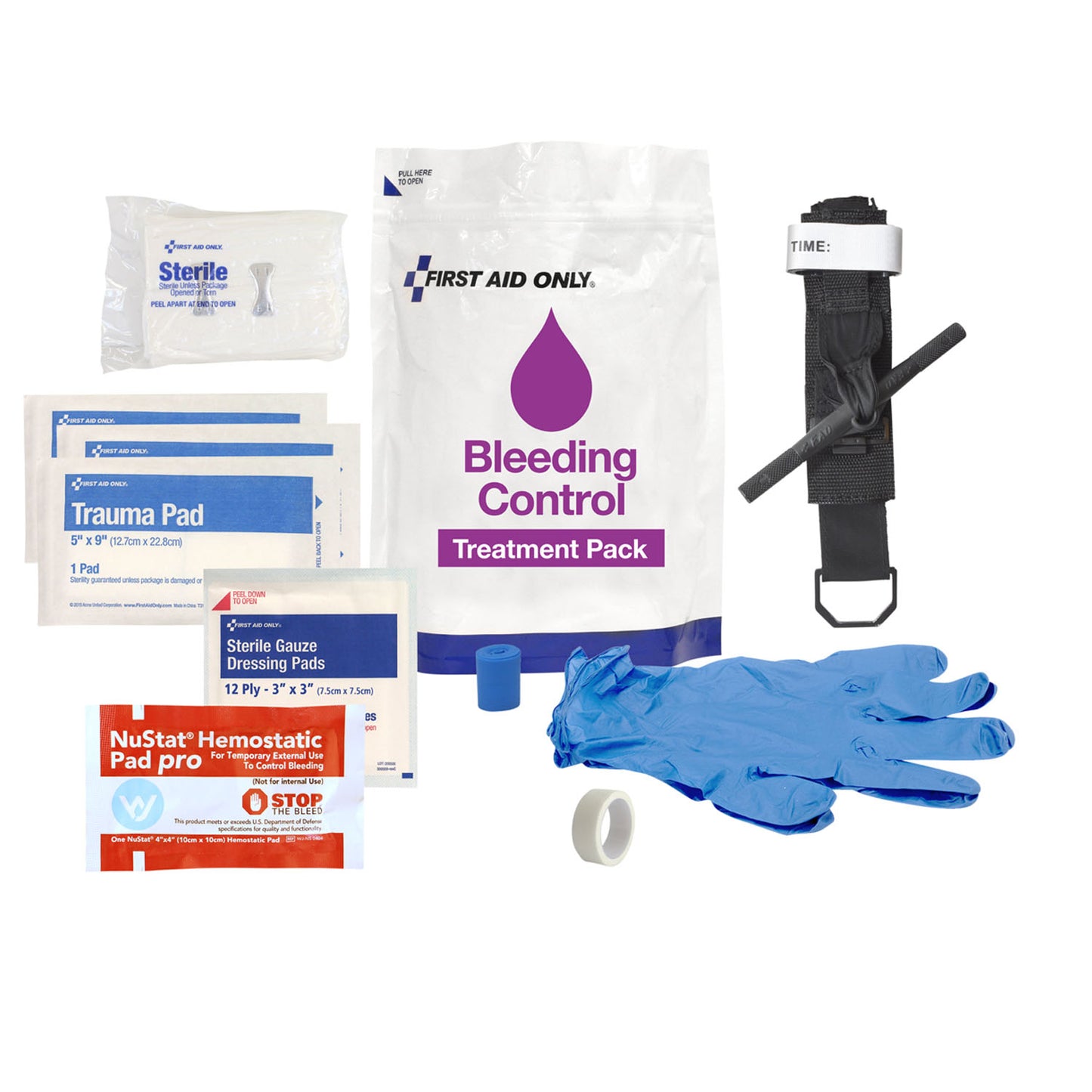 Bleeding Control Treatment Pack, Includes: (1) Windlass Tourniquet, (2) Sterile Gauze Pads (3"x3"), (1) Hemostatic (4"x4") Guaze Pads, (2) Nitrile Exam Gloves, (1) Hema-Seal Dressing, (3) Trauma Pads (5"x9"), (1) Elastic Band Tourniquet and (1) First Aid Tape (1/2"x5yds) (DROP SHIP ONLY)