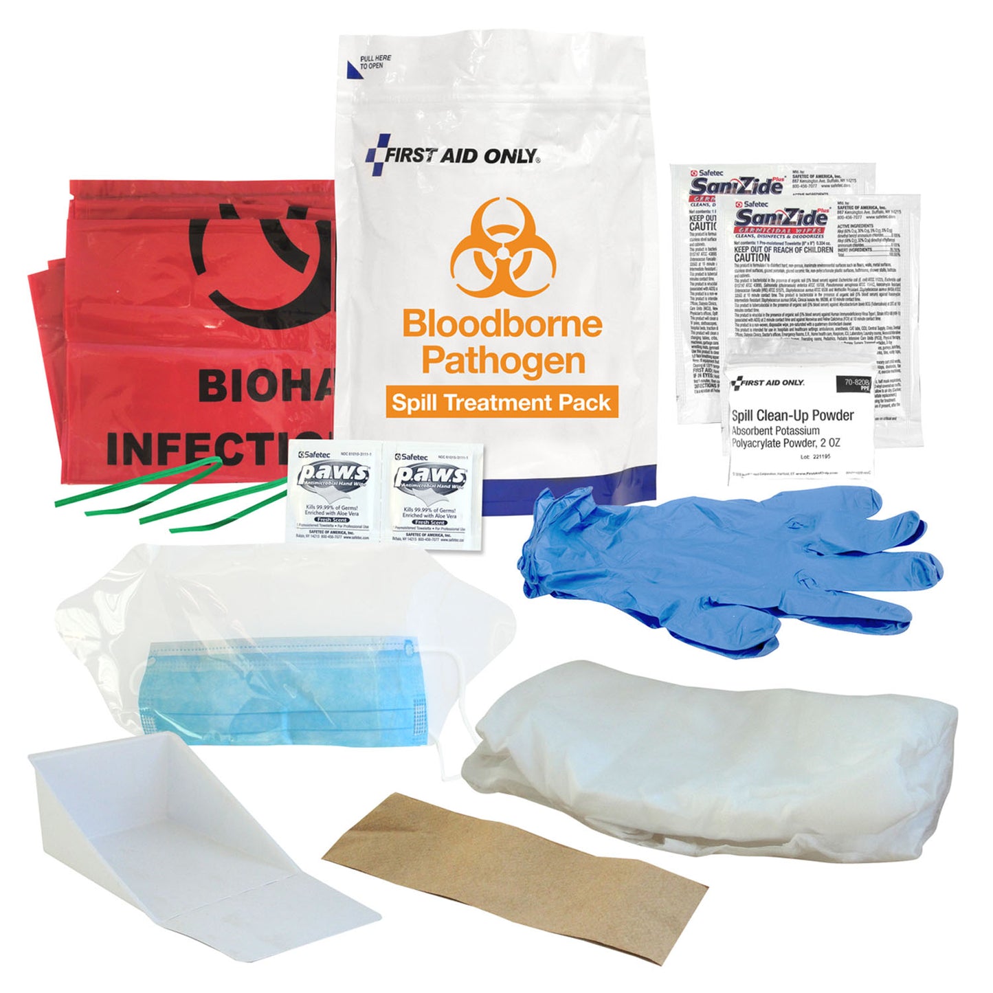 BBP Treatment Pack, Includes: (2) Germicidal Wipes, (2) Nitrile Exam Gloves, (1) Fluid Control Solidflier Pack, (1) Biohazard Scoop, (1) Disposable Gown, (1) Disposable Clean-up Towel, (1) Eye & Face Shield, (2) Biohazard Bag and (2) Antimicrobial Wipes (DROP SHIP ONLY)