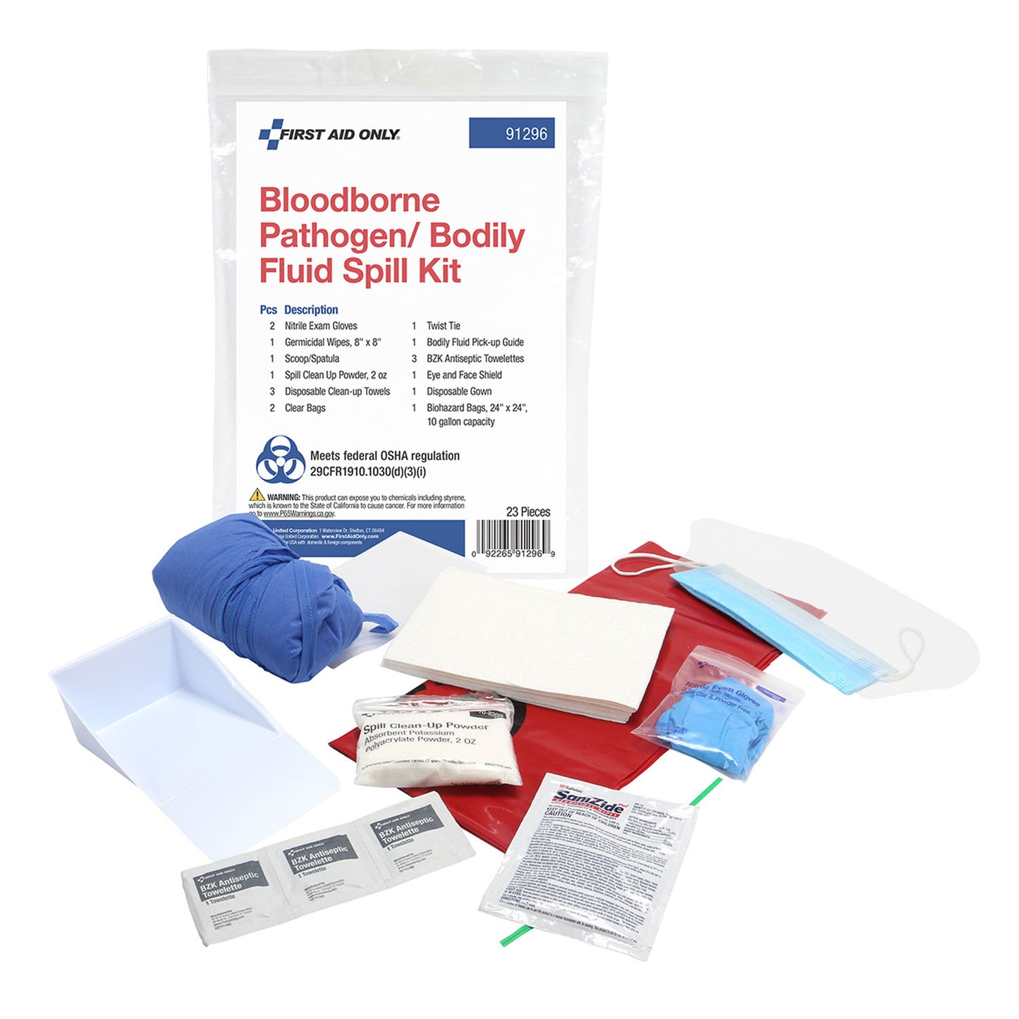 Bloodborne Pathogen/Bodily Fluid Spill Kit, 23 Piece, Includes: (2) Nitrile Exam Gloves, (1) Germicidal Wipes - 8"x8", (1) Scoop/Spatula, (1) Spill Clean Up Powder - 2oz, (3) Disposable Clean-up Towels, (2) Clear Bags, (1) Twist Tie, (1) Bodily Fluid Pick (DROP SHIP ONLY - $150 Minimum Order)