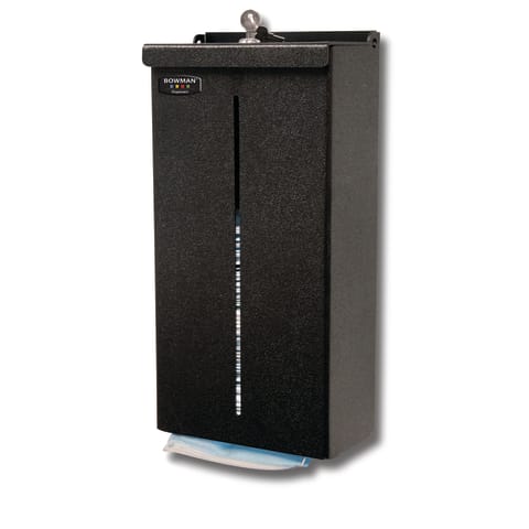 Face Mask Dispenser - Locking: This dispenser holds four boxes of earloop masks in bulk, It features a locking lid with a pivot hinge, Designed as a top loading, bottom dispensing product, it reduces the chances of debris, dust, or contaminants being exposed to the product inside, Keyholes for wall mounting, Constructed of durable Black ABS Plastic (Made in USA)