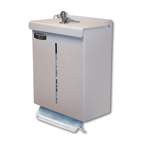Face Mask Dispenser - Locking: This dispenser holds two - three boxes of earloop masks in bulk, It features a locking lid with a pivot hinge, Designed as a top loading, bottom dispensing product, it reduces the chances of debris, dust, or contaminants being exposed to the product inside, Keyholes for wall mounting, Constructed of durable Quartz Beige ABS Plastic (Made in USA)