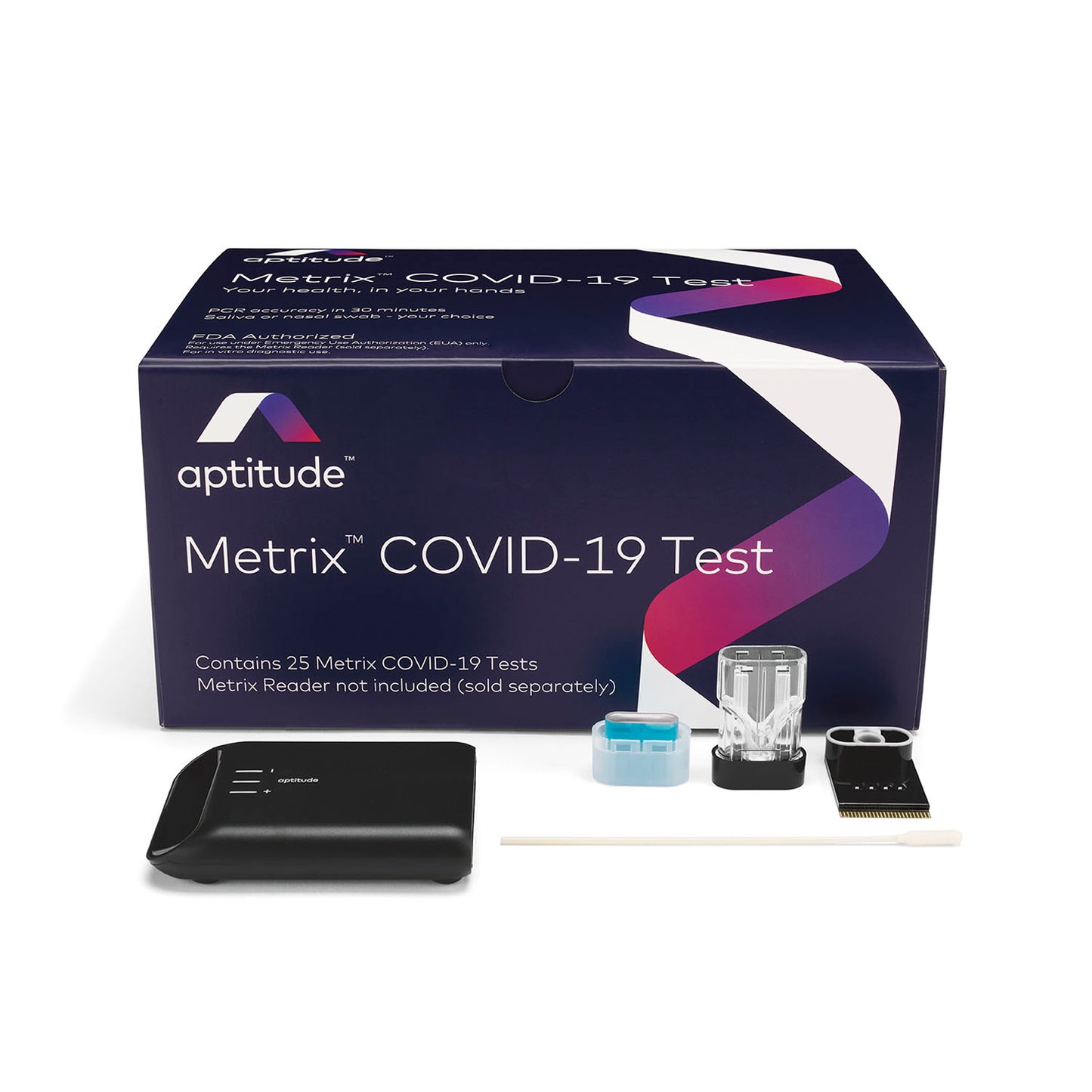 Aptitude Metrix Bundle Contents: (2) Aptitude Metrix COVID-19 Test, (25) Kits; (1) Reader, 1/ea (DROP SHIP TO END USER)(Non-Returnable & Non-Refundable) (Continental US Only) (DROP SHIP ONLY)