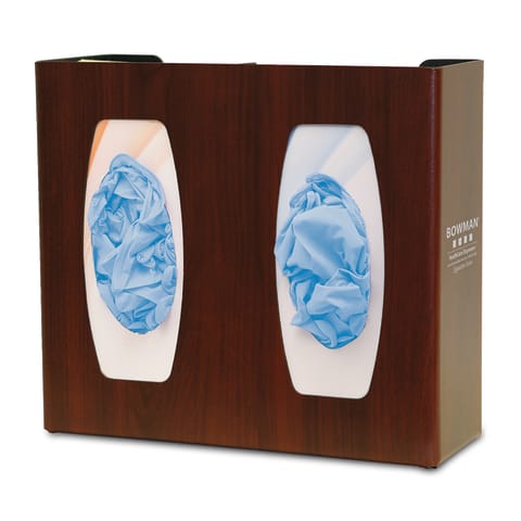 Glove Box Dispenser, Double with Dividers, Holds 2 Boxes of Gloves, Three-Way Keyholes For Vertical or Horizontal Wall Mounting, Cherry Fauxwood ABS Plastic