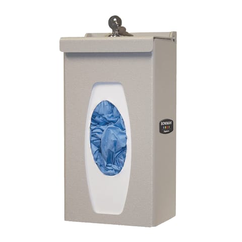 Glove Box Dispenser, Single Locking, Holds One Box of Gloves (Box(es) no larger than 5.50"W x 10.50"H x 4.25"D(14.0 cm x 25.4 cm x 9.5 cm); Box(es) no smaller than 4.50"W x 8.00"H x 3.00"D (11.4 cm x 22.9 cm x 7.6 cm)), Locking Pivot Hinge Lid, Keyholes for Wall Mounting, Quartz Beige ABS Plastic, 21"(L)x14"(W)x10"(H) (Made in the USA)