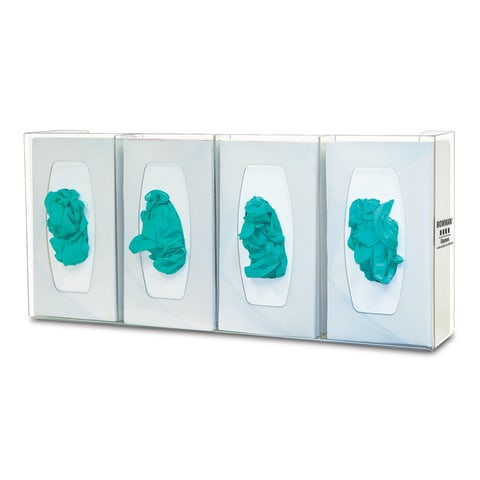 Glove Box Dispenser, Quad with Dividers, Holds 4 Boxes of Gloves, 3-Way Keyholes For Vertical or Horizontal Wall Mounting, Clear