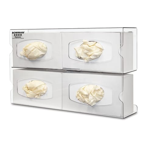 Glove Dispenser, Quad Holds Four Boxes of Gloves, Keyholes for Wall Mounting, Clear PETG Plastic, 20.10" W x 11.30" H x 3.95" D, 2lbs (Approximated), Dispenses: Box(es) no larger than 10.00?W x 5.50?H x 3.75?D(25.4 cm x 14.0 cm x 9.5 cm) and Box(es) no smaller than 9.00?W x 4.50?H x 3.00?D(22.9 cm x 11.4 cm x 7.6 cm) (Made in USA)