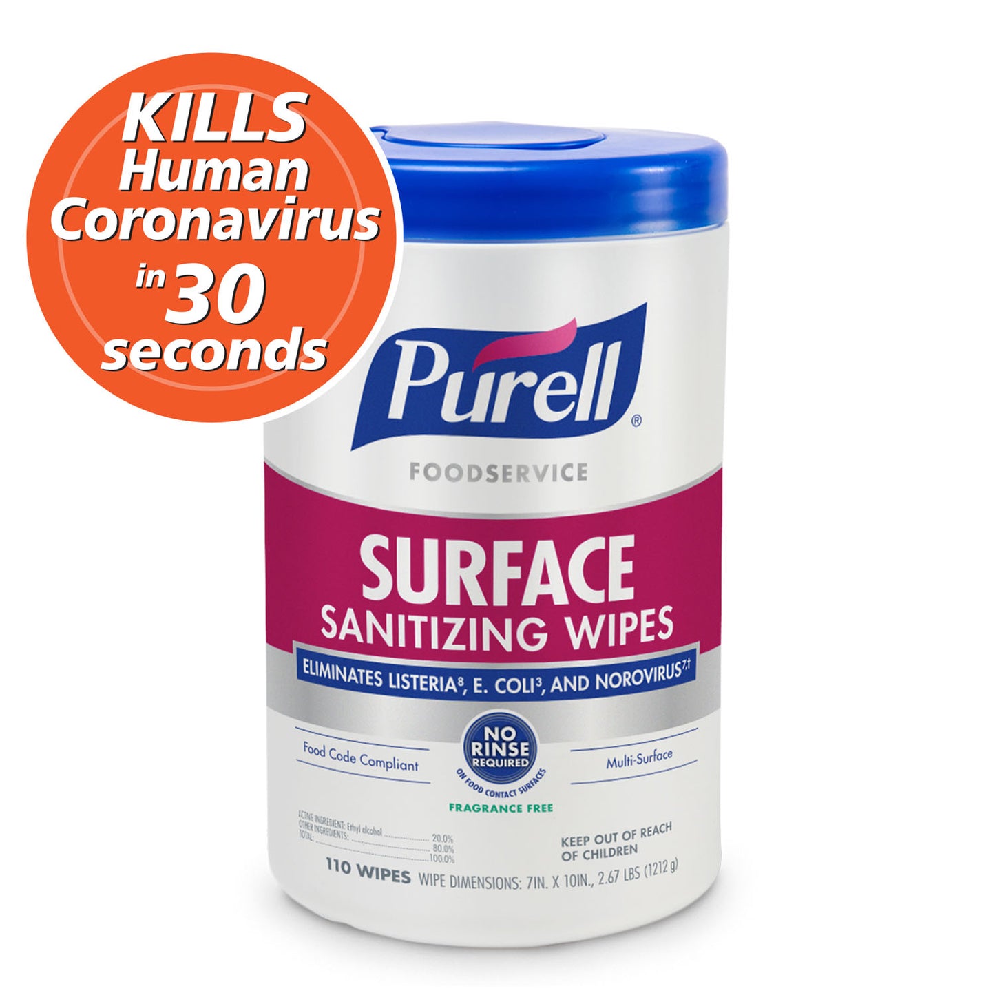 Purell Foodservice Surface Sanitizing Wipes, 7"x10" Wipes, 110ct Canister, 6/ct (Item is considered HAZMAT and cannot ship via Air or to AK, GU, HI, MP, PR, VI)