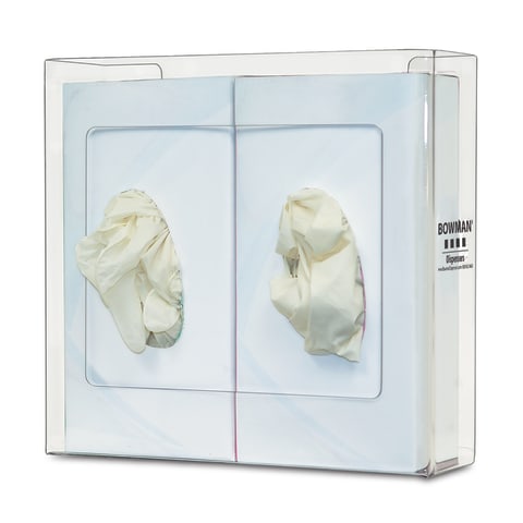 Glove Box Dispenser, Double, Narrow, Holds Two Thin Boxes of Gloves, Three-Way Keyholes For Vertical or Horizontal Wall Mounting, Clear PETG Plastic