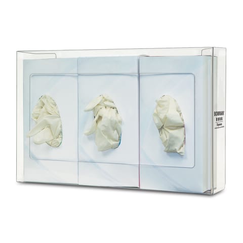 Glove Box Dispenser, Triple, Narrow, Holds 3 Thin Boxes of Gloves, Three-Way Keyholes For Vertical or Horizontal Wall Mounting, Clear PETG Plastic